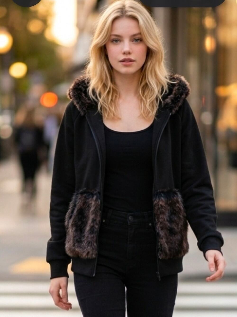 Riflessi Black Hoodie Faux Fur Trim Hood NWT Women’s Small